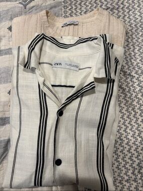 Zara Cream-White Shirt with Black Vertical Stripes